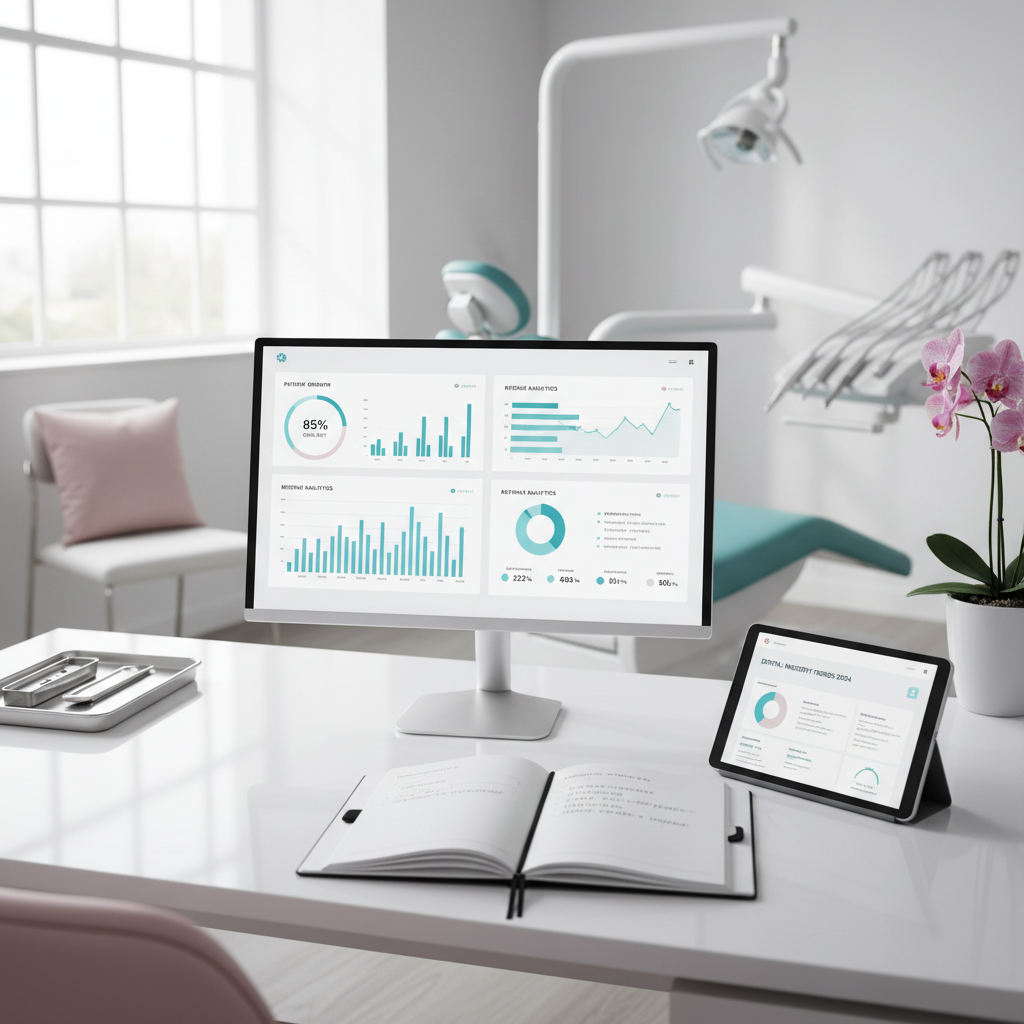 Modern dental workspace with computer, notebook, and dental tools