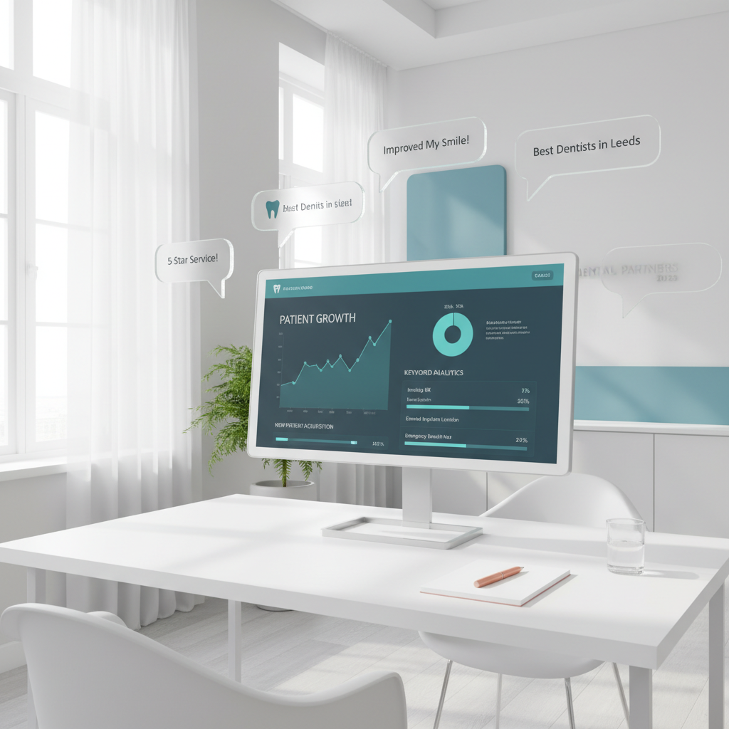 Modern dental workspace with dashboard, speech bubbles, pink pen, and clinical blue accents.