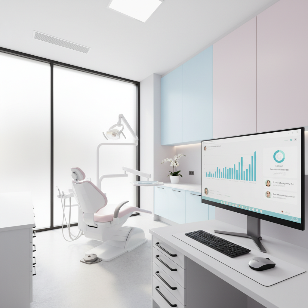 Modern dental workspace with digital dashboard, growth charts, and patient testimonials in bright, clean environment.