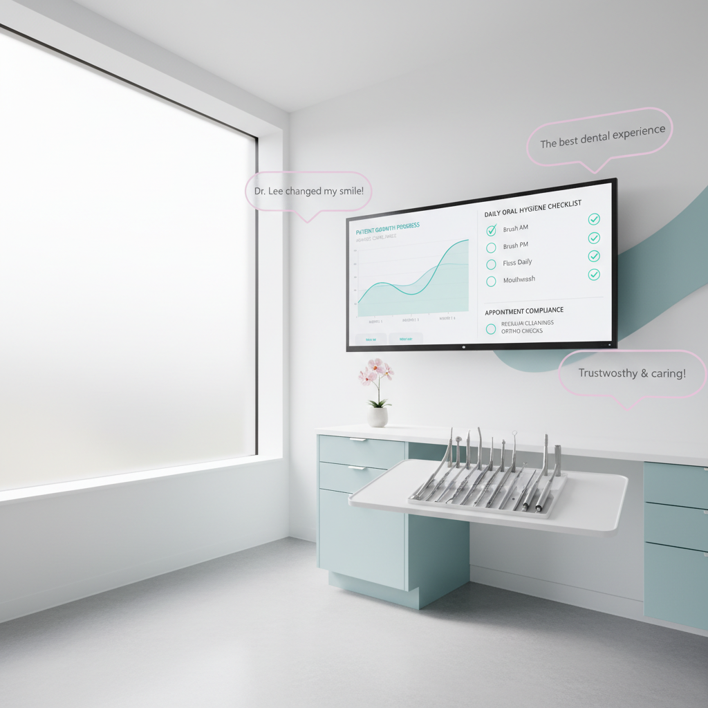 Modern dental workspace with growth charts, compliance checklists, and clinical tools in bright, clean environment.