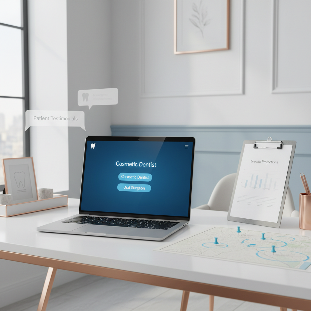 Modern dental workspace with laptop and dental dashboard