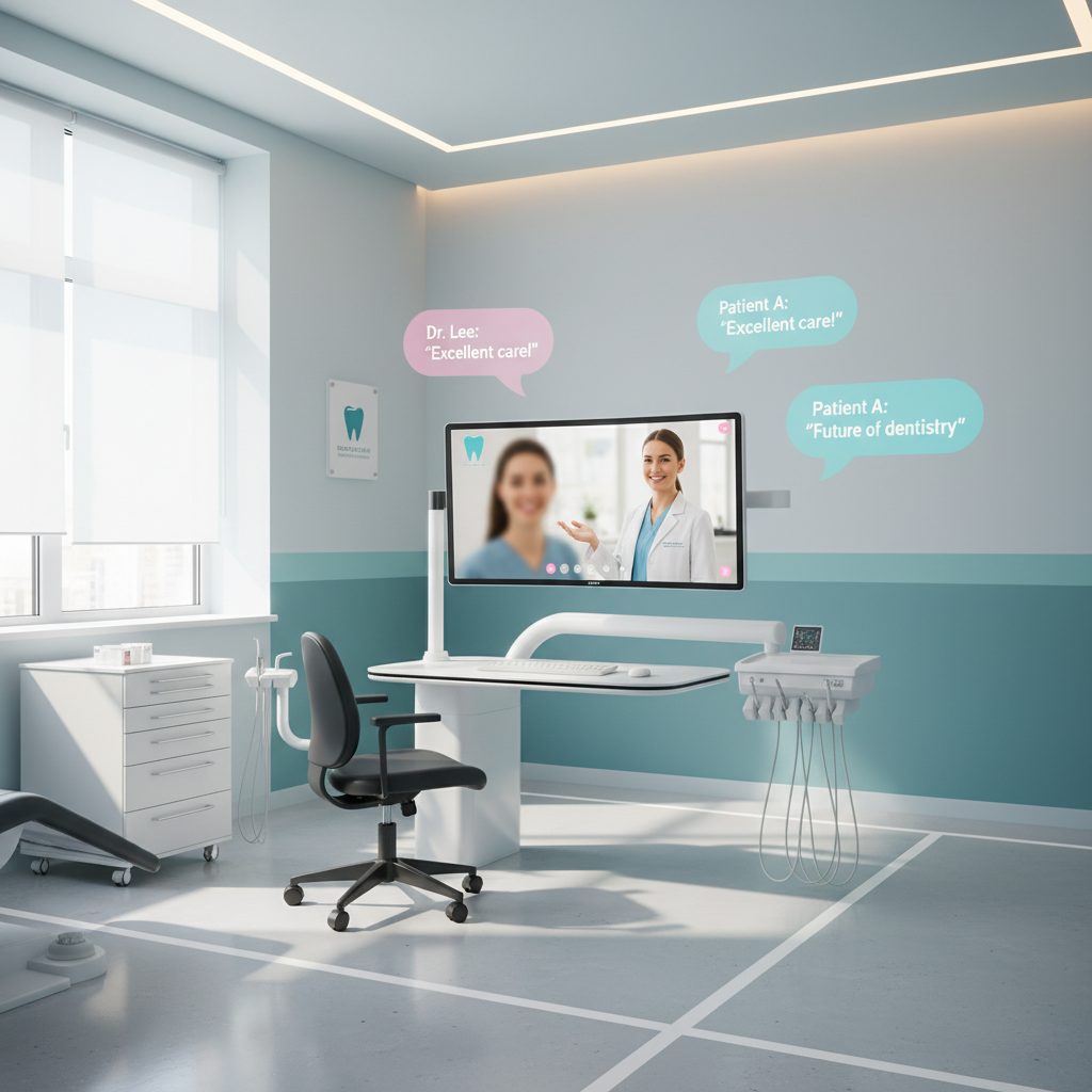 Dental professional engaging in virtual consultation with digital monitor and testimonial bubbles.