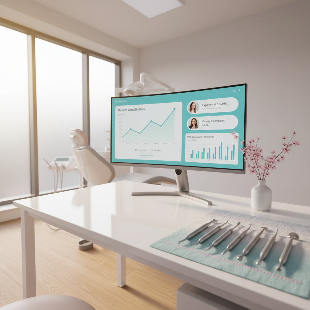 Modern dental clinic treatment room with digital dashboard, dental tools, and warm, inviting decor.