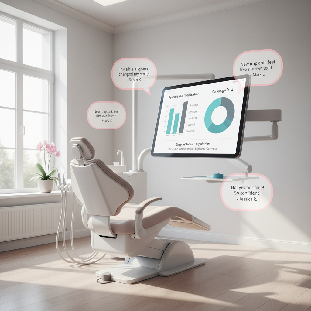 Modern dental clinic treatment room with digital dashboard displaying patient data and testimonials.