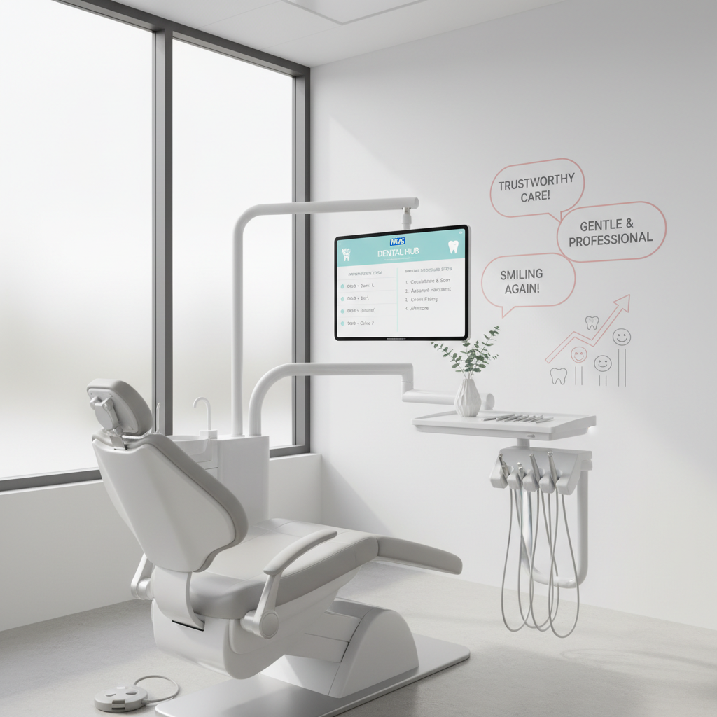 Modern dental clinic treatment room with digital tablet showing NHS dashboard and dental tools