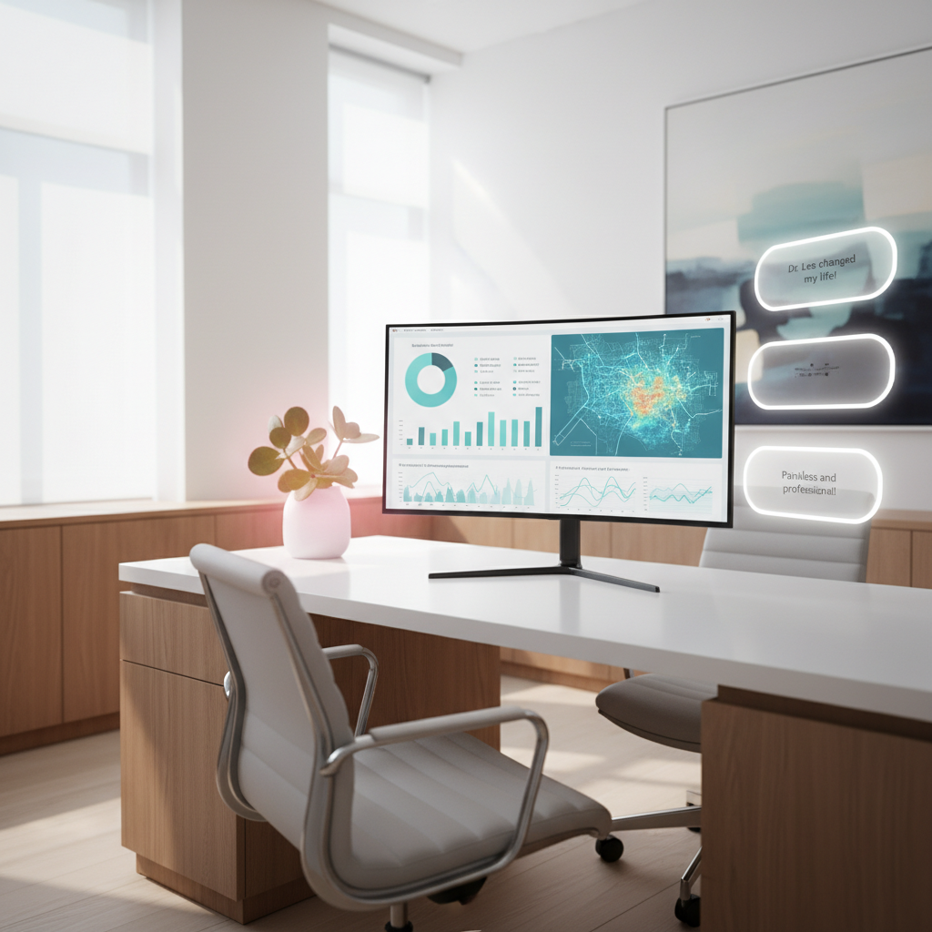 Modern dental clinic with digital dashboard, testimonial bubbles, and warm pink plant accent.