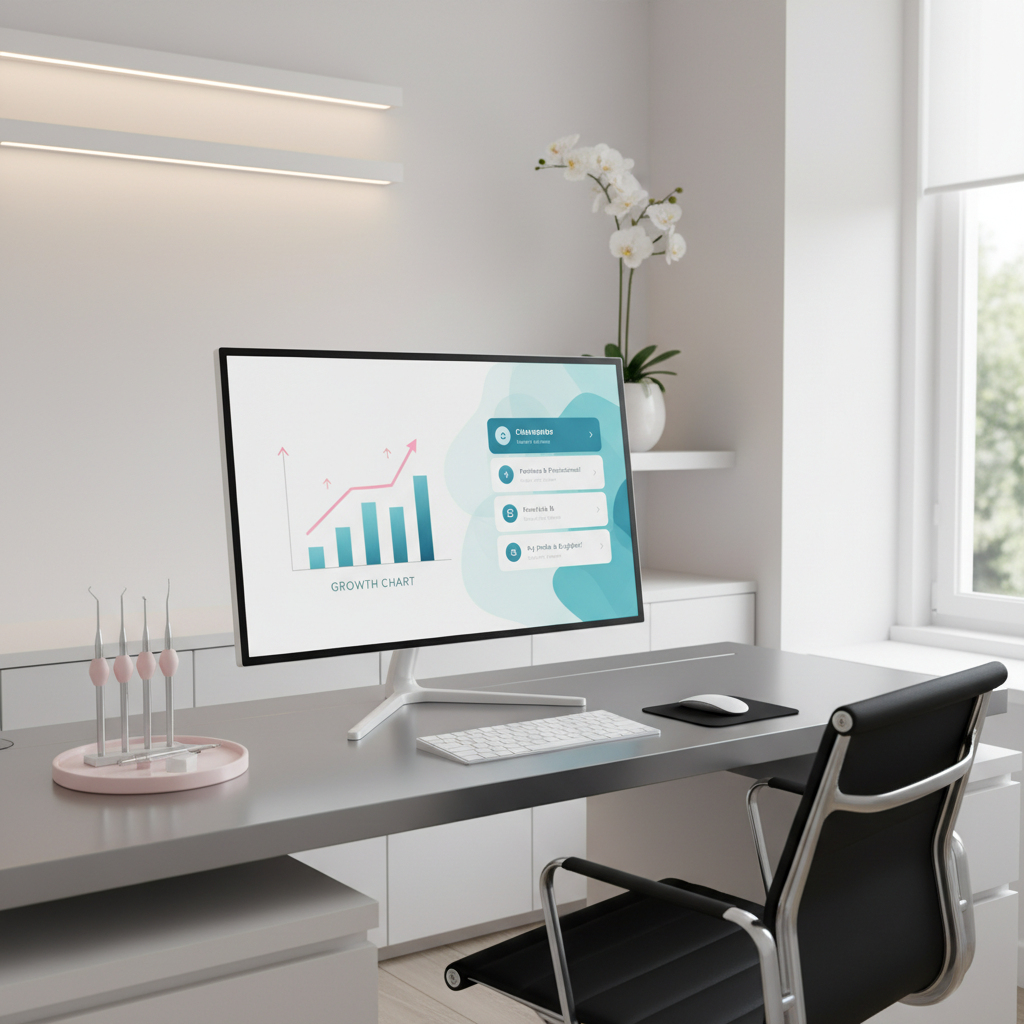 Modern dental clinic with digital workspace displaying growth chart and testimonials.