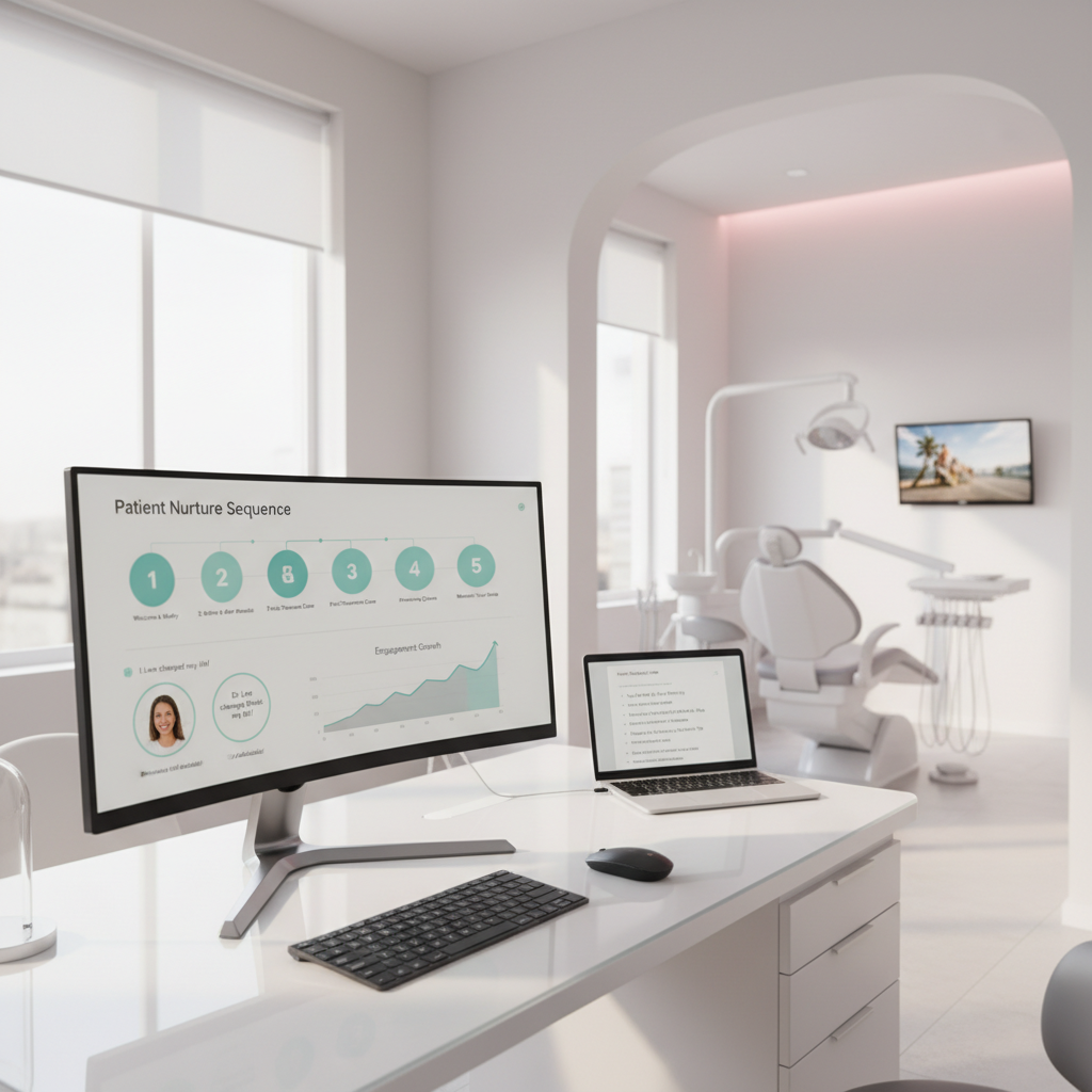 Modern dental clinic with digital workspace, treatment room, and email campaign visuals.