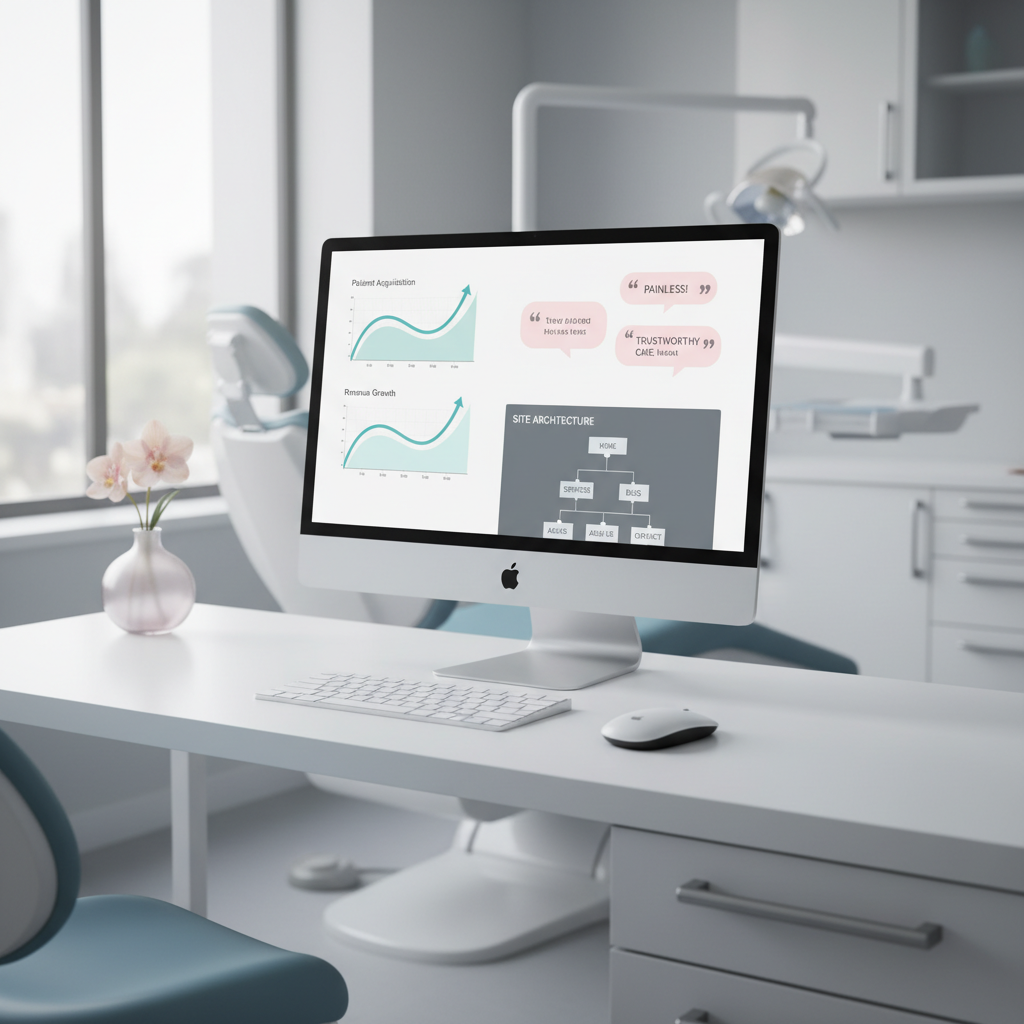 Modern dental clinic workspace with a computer displaying growth charts, reviews, and site maps.