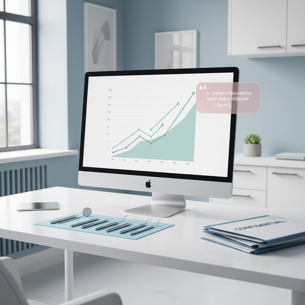 Modern dental clinic workspace with computer displaying growth chart, dental tools, and patient files.