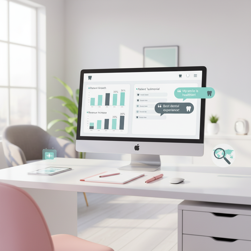 Modern dental clinic workspace with computer displaying a dental dashboard and engagement tools.