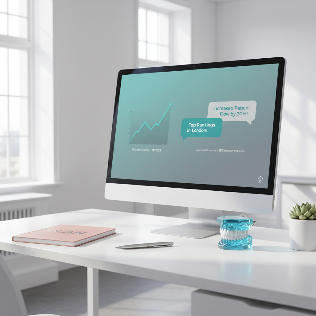 Modern dental clinic workspace with computer displaying growth charts and dental model.