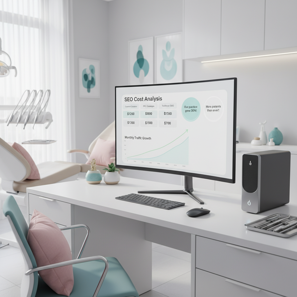 Modern dental clinic workspace with computer displaying SEO cost breakdown and growth graphs.