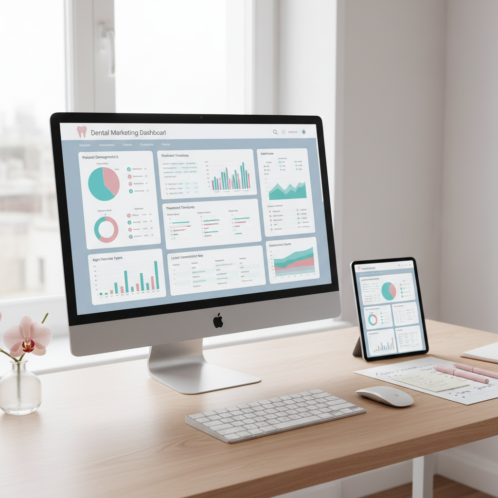Modern dental clinic workspace with computer displaying marketing dashboard and planning materials.