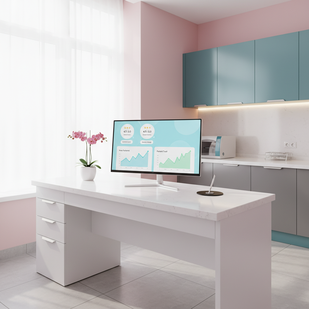 Modern dental clinic workspace with computer displaying patient reviews and growth charts.