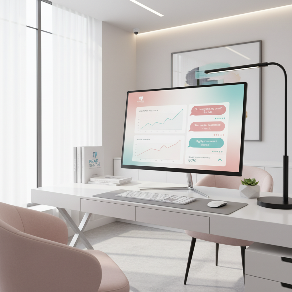 Modern dental clinic workspace with computer displaying patient dashboard, growth charts, and testimonials.
