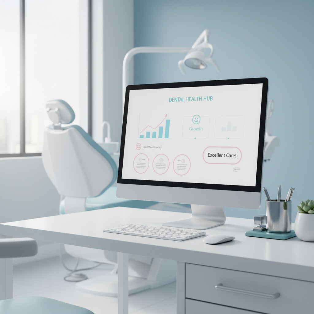 Modern dental clinic workspace with computer displaying a dental dashboard and treatment chair.