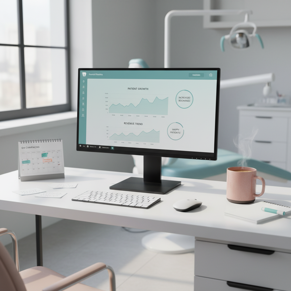 Modern dental clinic workspace with computer displaying digital dashboard and marketing notes.