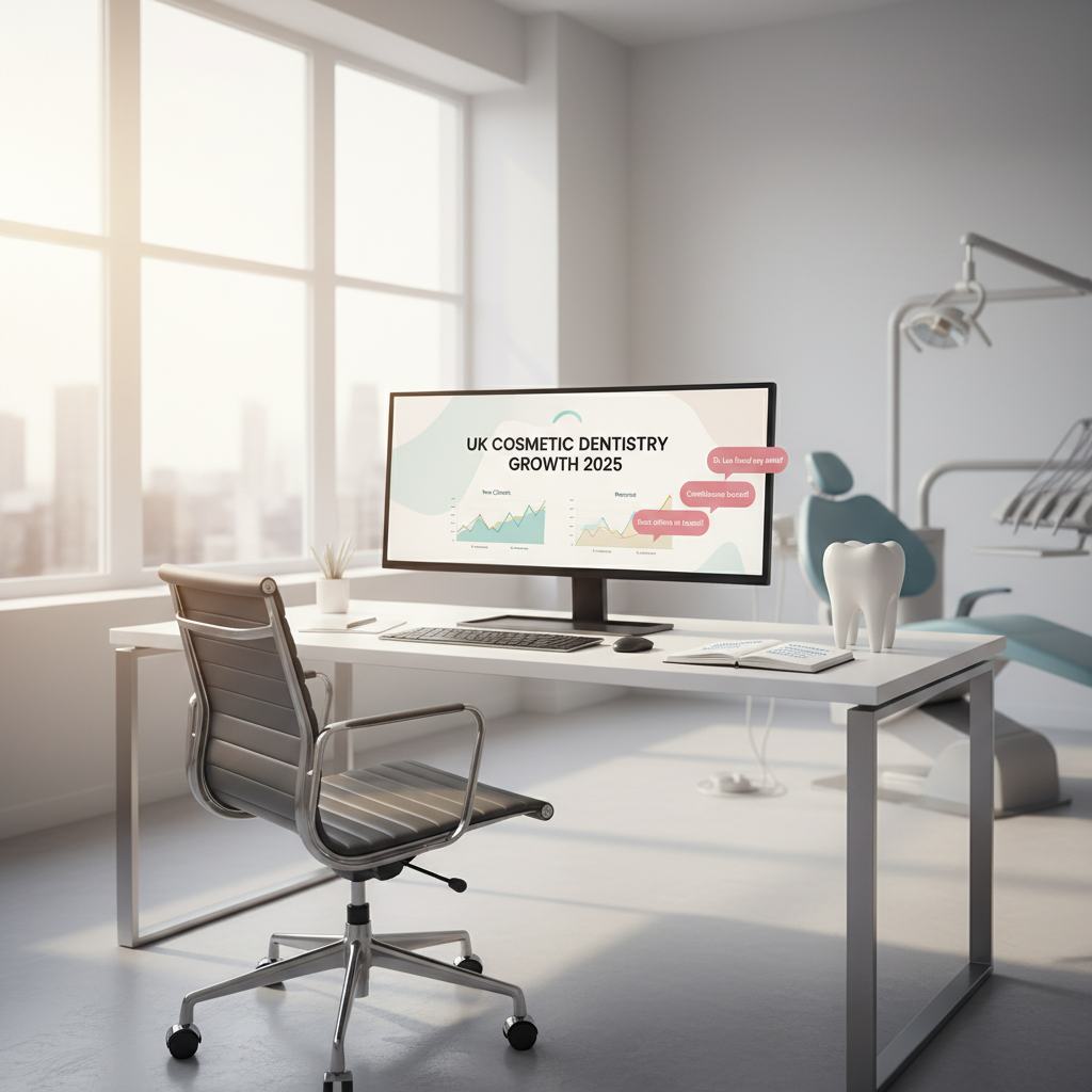 Modern dental clinic workspace with computer displaying dental dashboard, dental chair, and marketing notes.