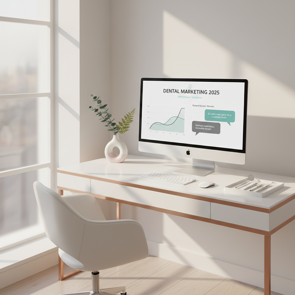 Modern dental clinic workspace with computer displaying growth charts, dental tools, and greenery.