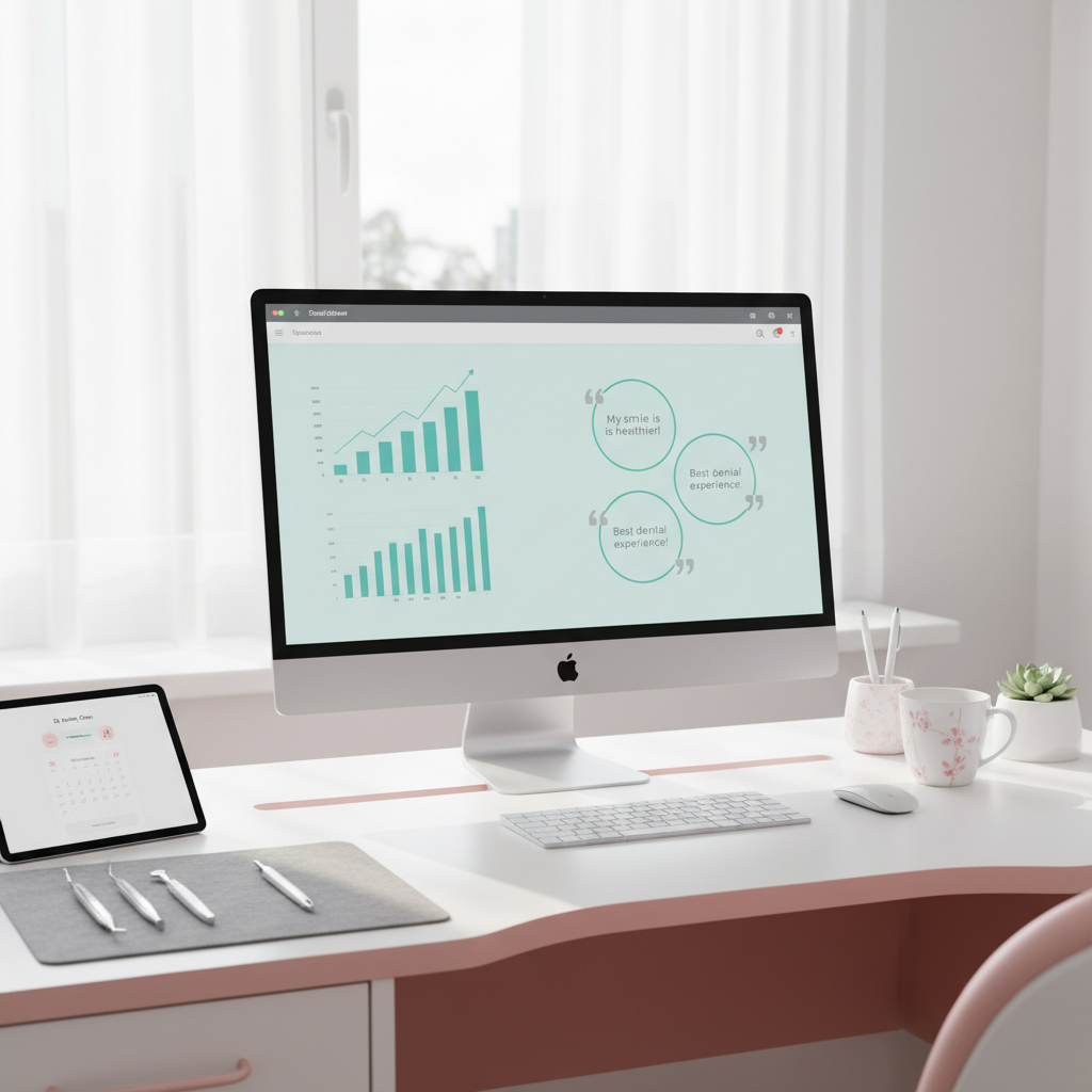 Modern dental clinic workspace with computer displaying dental dashboard and tools.