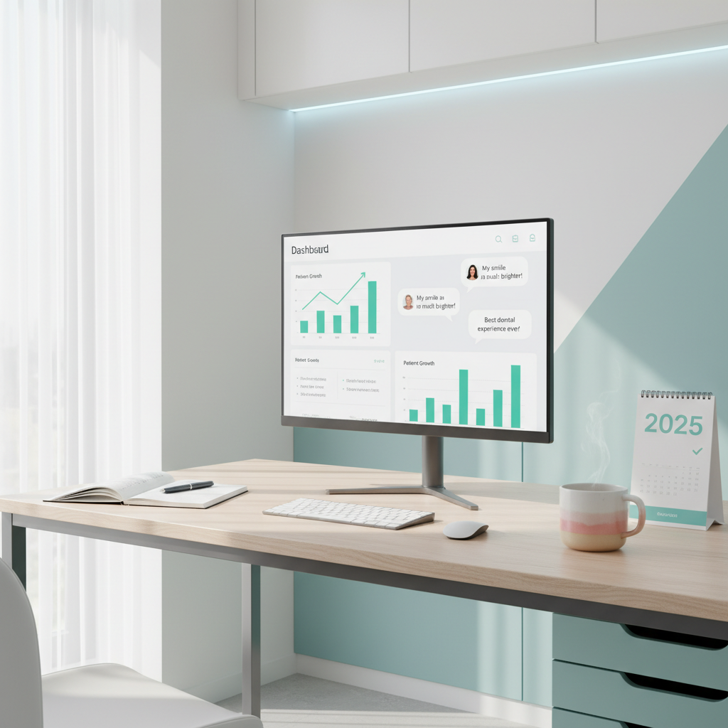 Modern dental clinic workspace with computer, notes, coffee, and calendar in bright, clean setting.