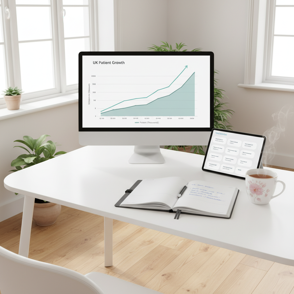 Modern dental clinic workspace with computer, planner, tea, and tablet in bright, welcoming setting.