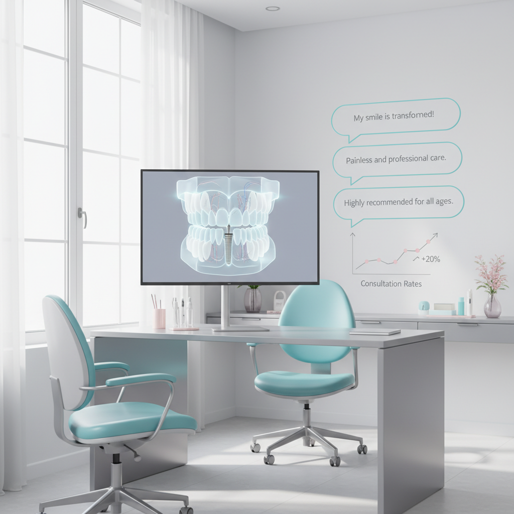 Modern dental clinic workspace with computer showing 3D implant animation, testimonials, and growth chart.
