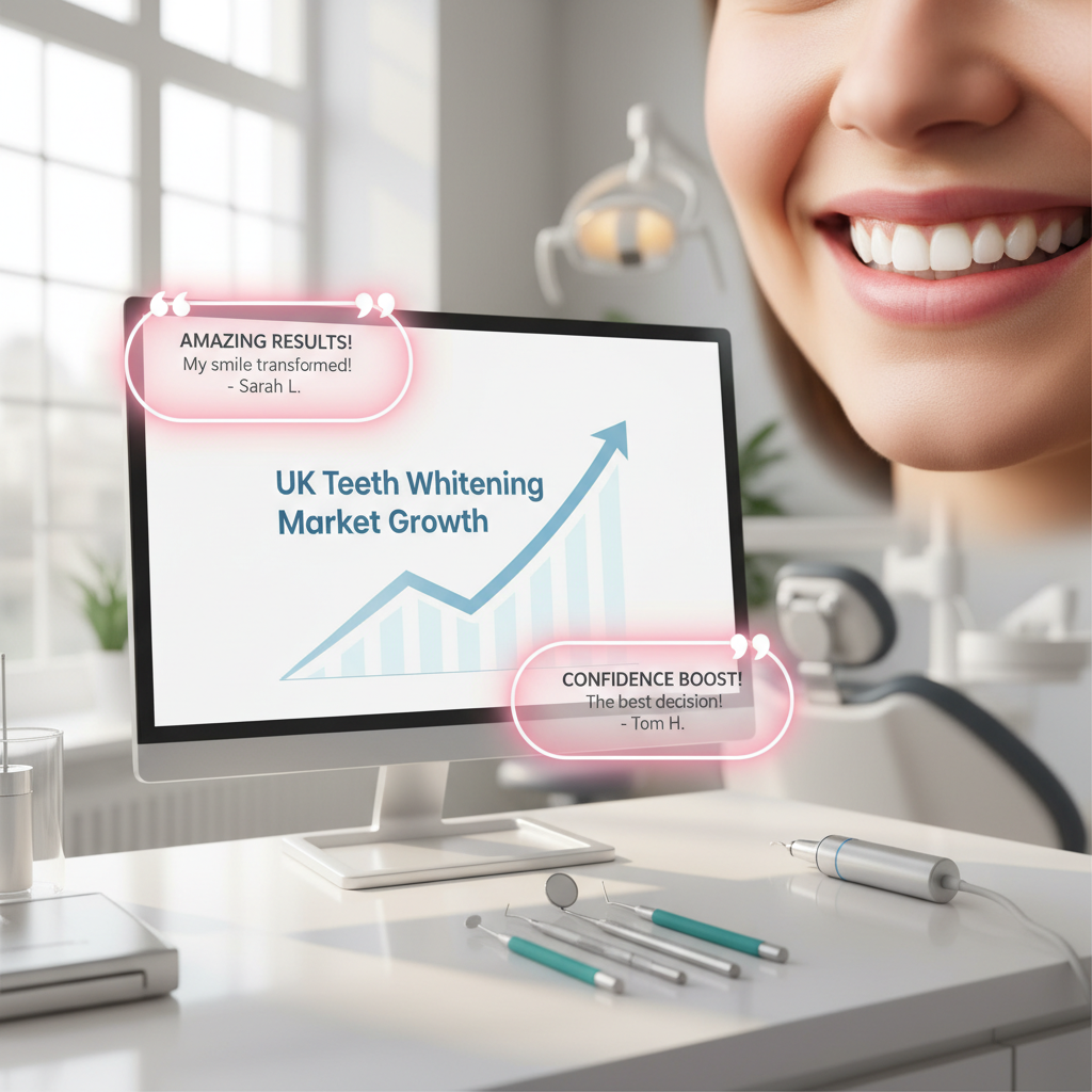 Modern dental clinic workspace with computer, tools, and smiling patient in bright lighting.