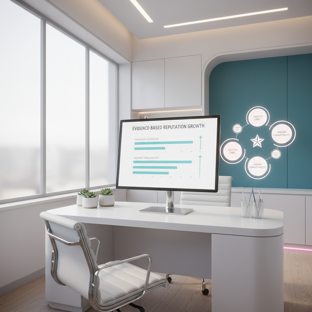 Modern dental clinic workspace with dashboard, growth charts, testimonial bubbles, and clinical tones.
