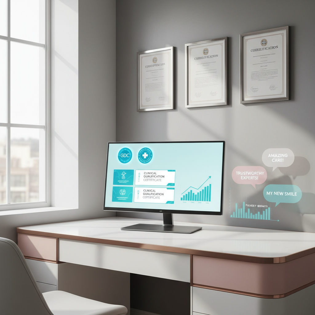 Modern dental clinic workspace with digital dashboard, certificates, testimonials, and calming colors.