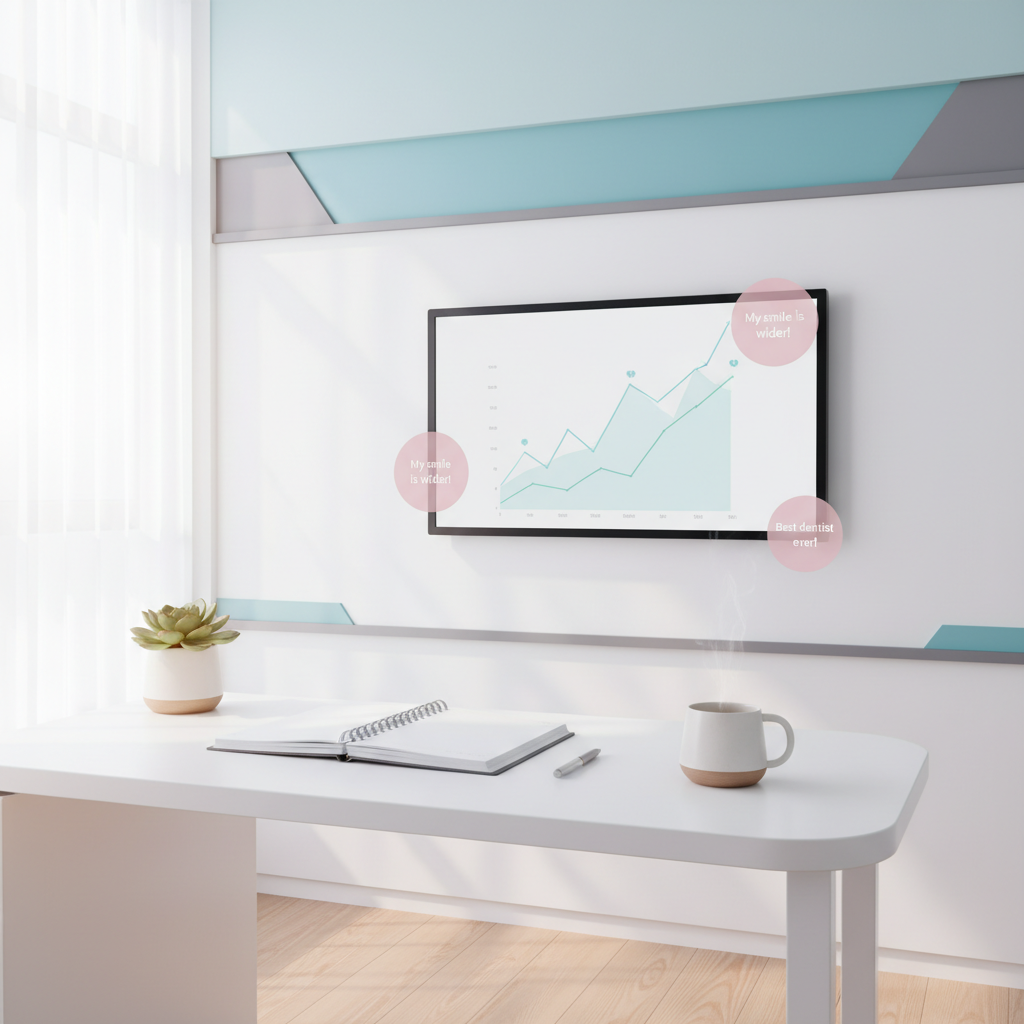 Modern dental clinic workspace with digital dashboard, planner, mug, and calming decor.