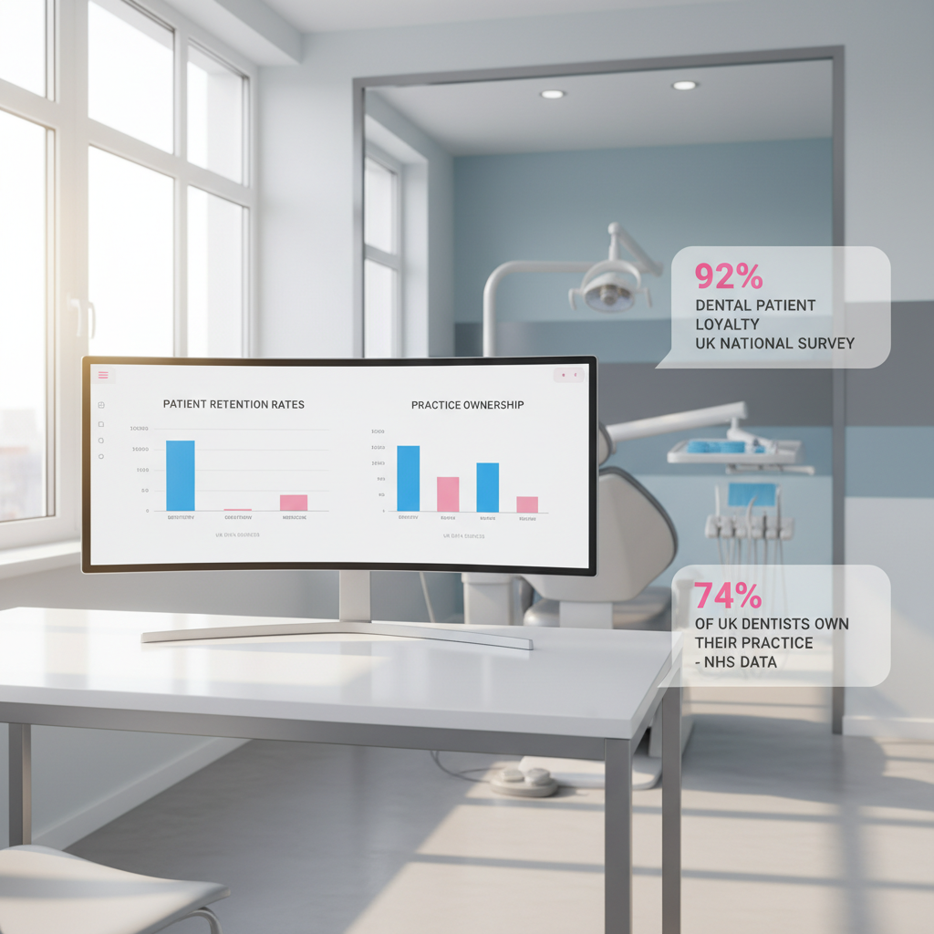 Modern dental clinic workspace with digital dashboard showing patient retention and practice data.