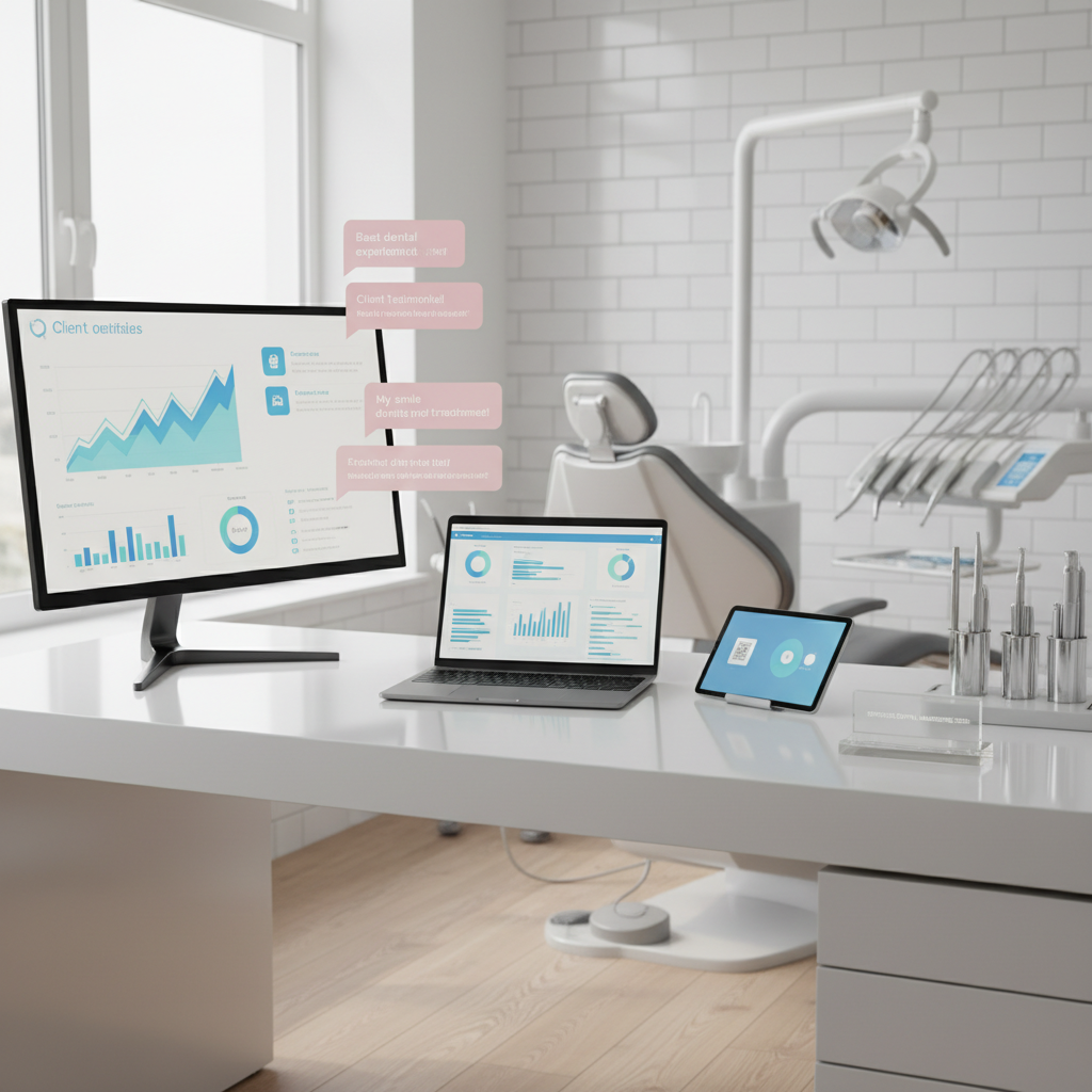 Modern dental clinic workspace with digital dashboard, tools, and treatment room in bright, clean setting.