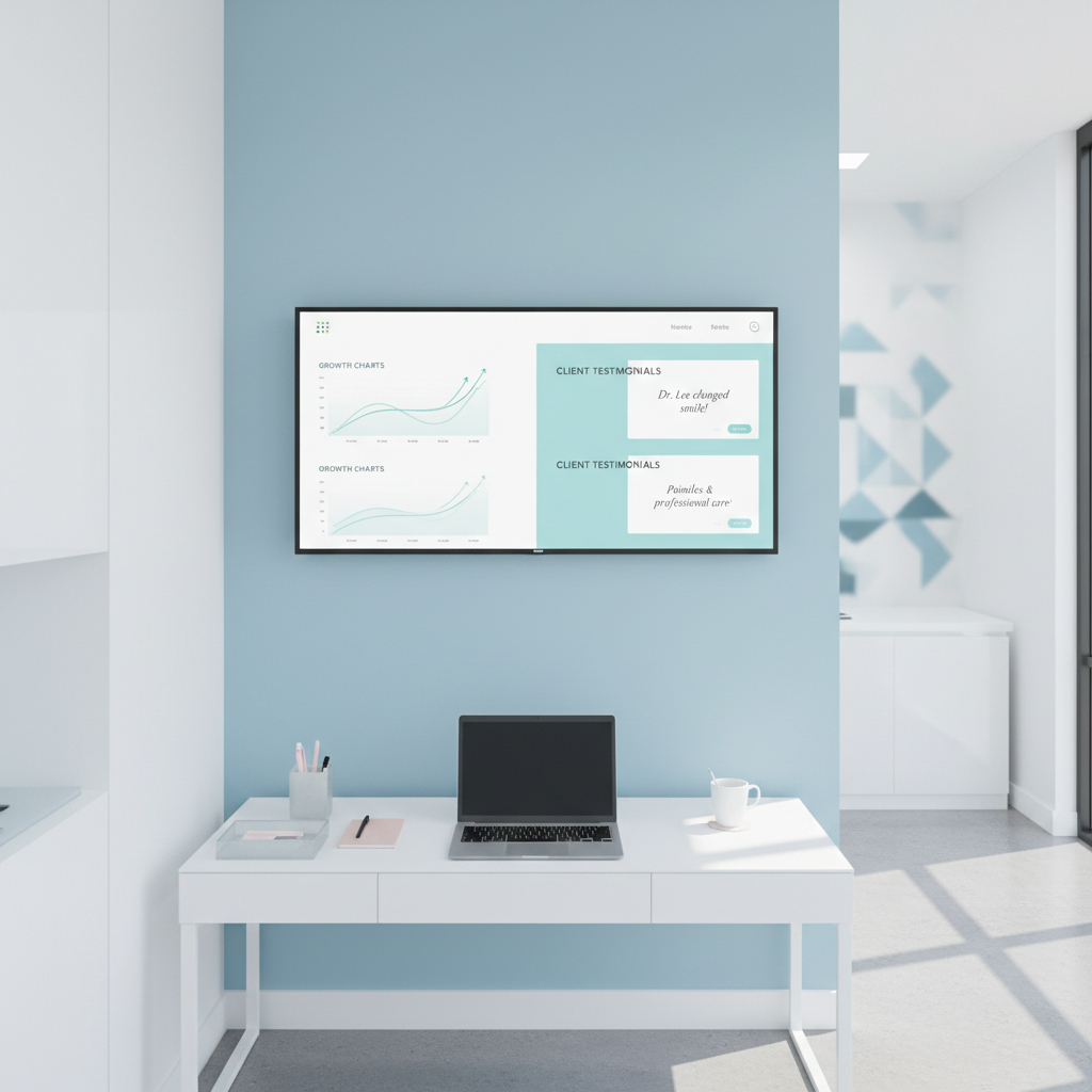 Modern dental clinic workspace with digital dashboard, laptop, pink stationery, and warm backdrop.