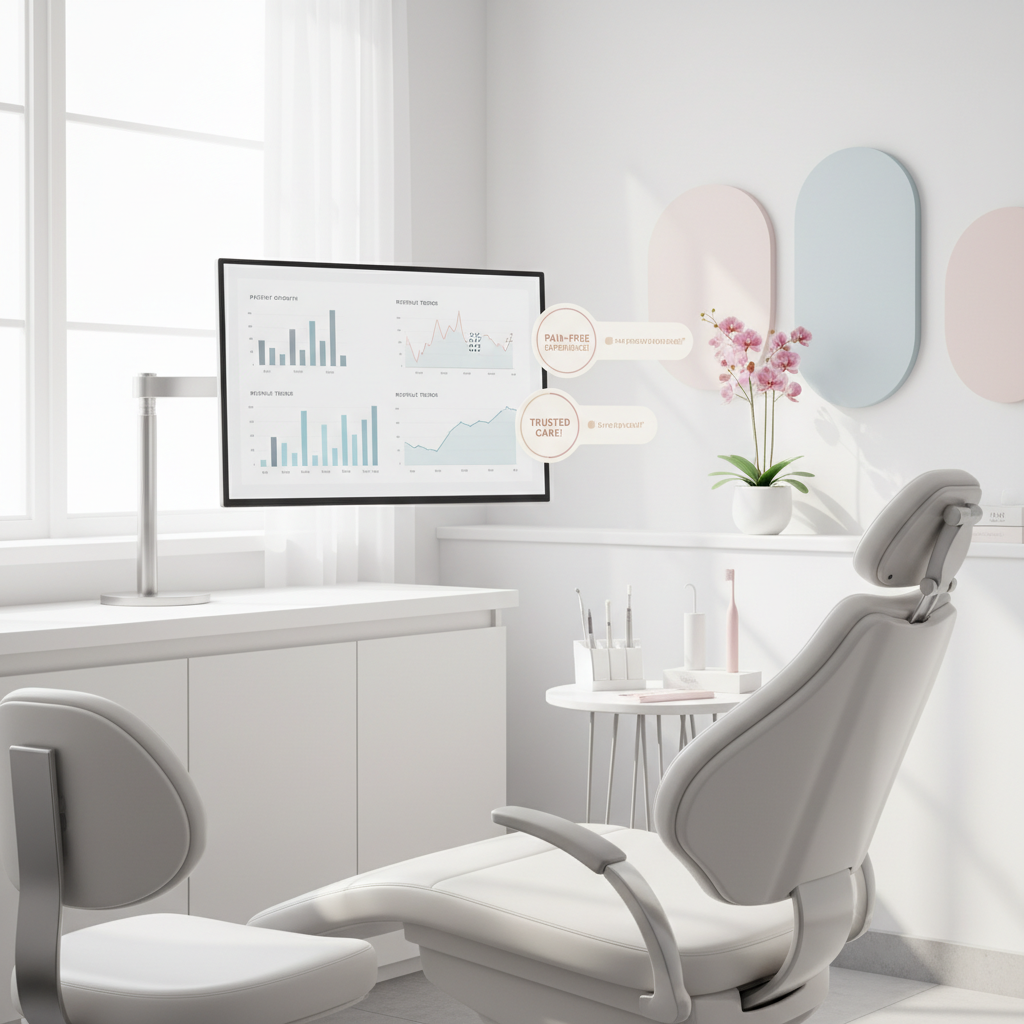Modern dental clinic workspace with digital dashboard, dental chair, and minimal tools in bright, professional setting.