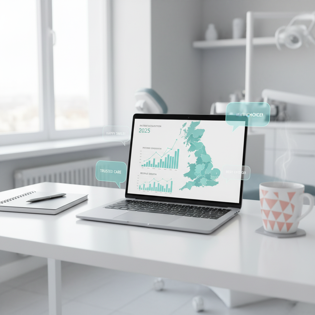 Modern dental clinic workspace with laptop displaying digital growth charts and testimonials.