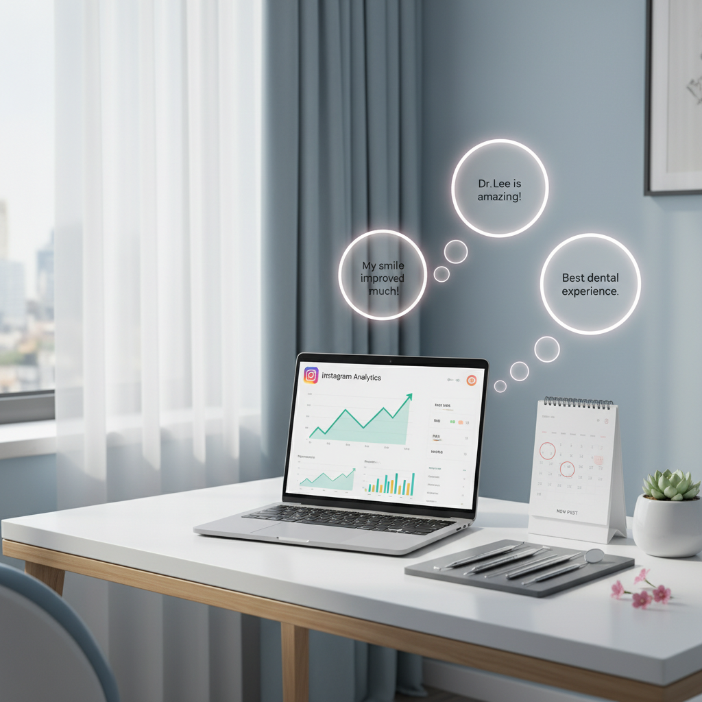 Modern dental clinic workspace with laptop displaying growth charts, dental tools, and testimonial bubbles.
