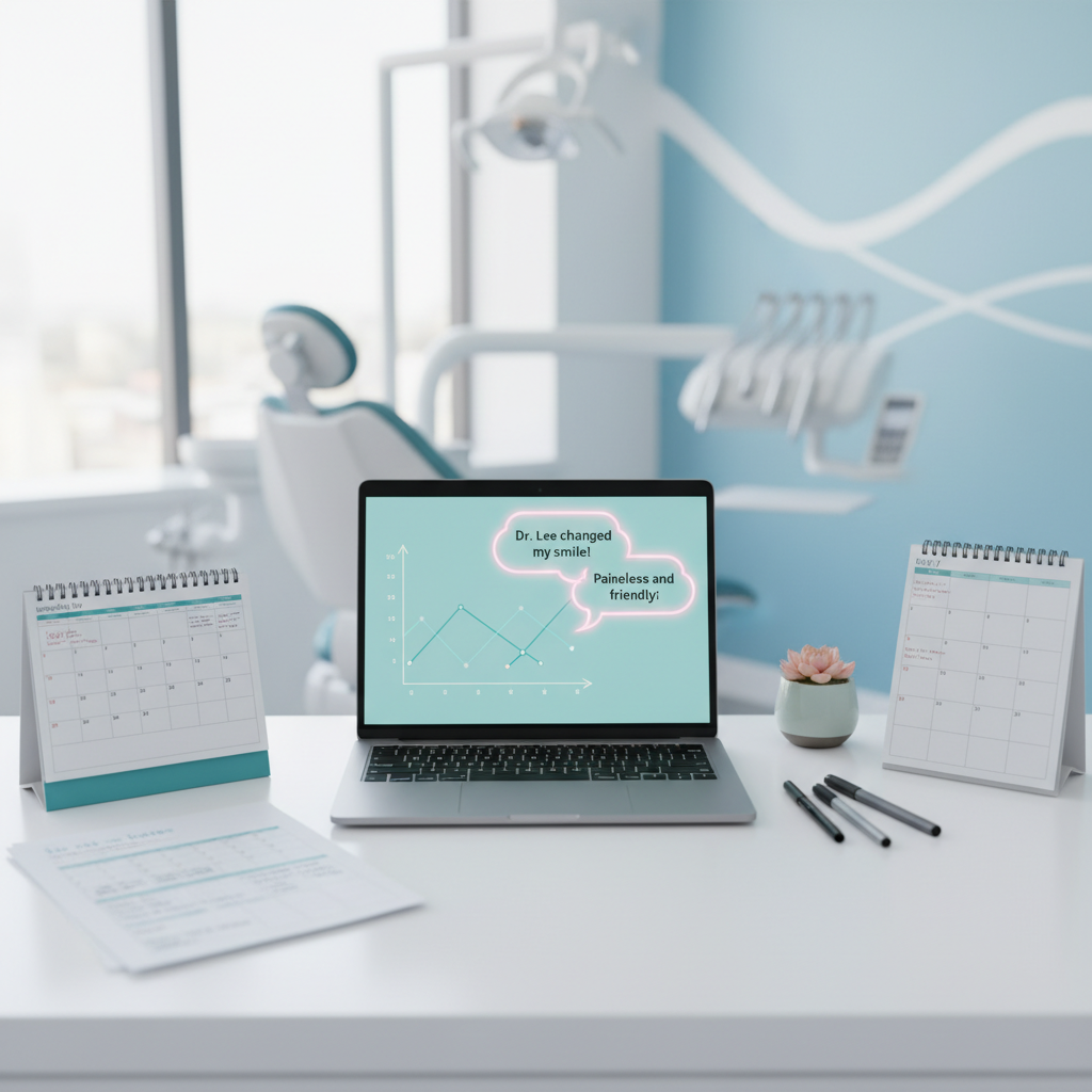 Modern dental clinic workspace with laptop displaying growth chart and appointment notes.