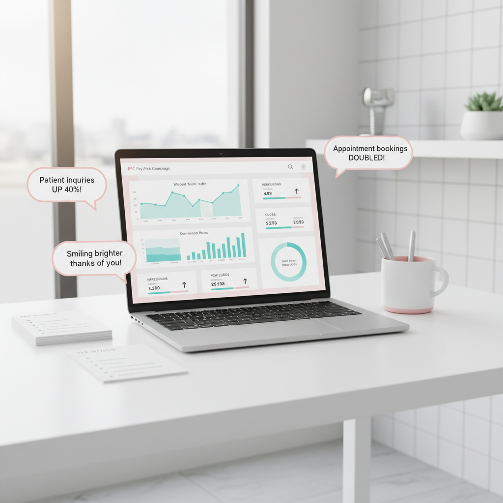 Modern dental clinic workspace with laptop displaying PPC dashboard, notes, and testimonials.