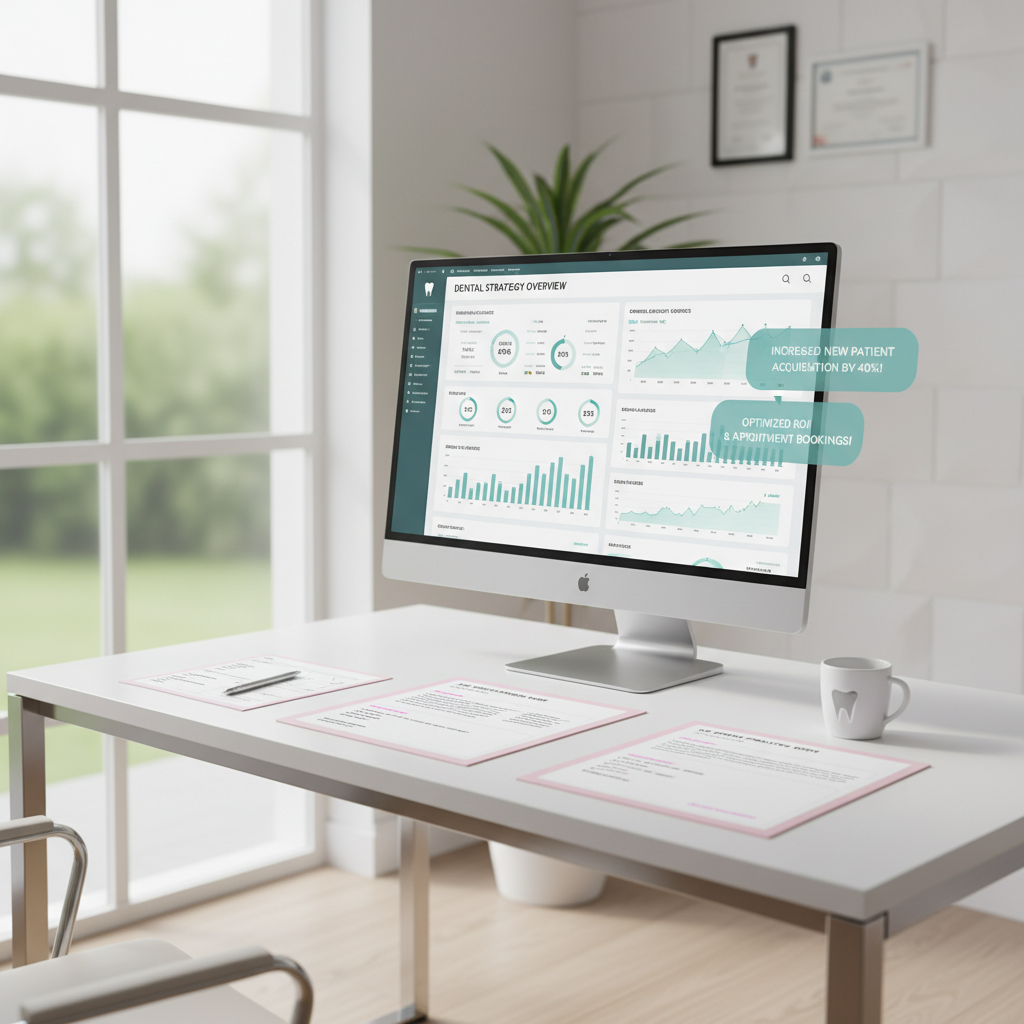 Modern dental clinic workspace with PPC dashboard, notes, and testimonial bubbles in bright, clean setting.