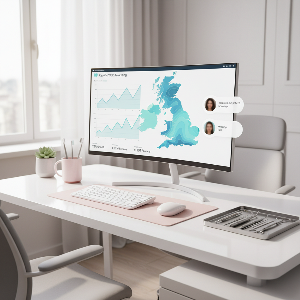 Modern dental clinic workspace with PPC dashboard, dental tools, and testimonial bubbles.