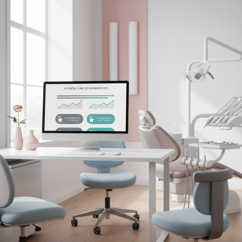 Modern dental clinic workspace with SEO dashboard, dental chair, tools, and bright, clean design.