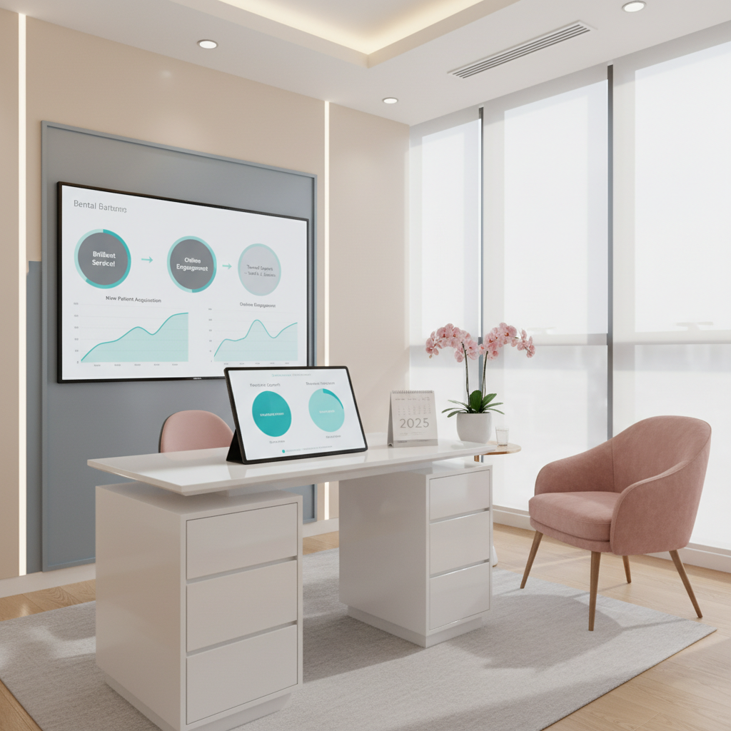 Modern dental office with digital dashboard, tablet, calendar, pink accents, and orchid.