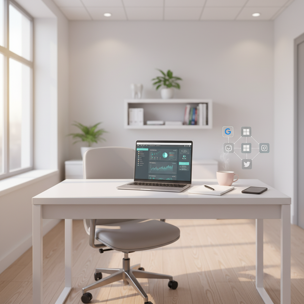 Modern dental office workspace with laptop, notebook, coffee, and smartphone displaying digital metrics.