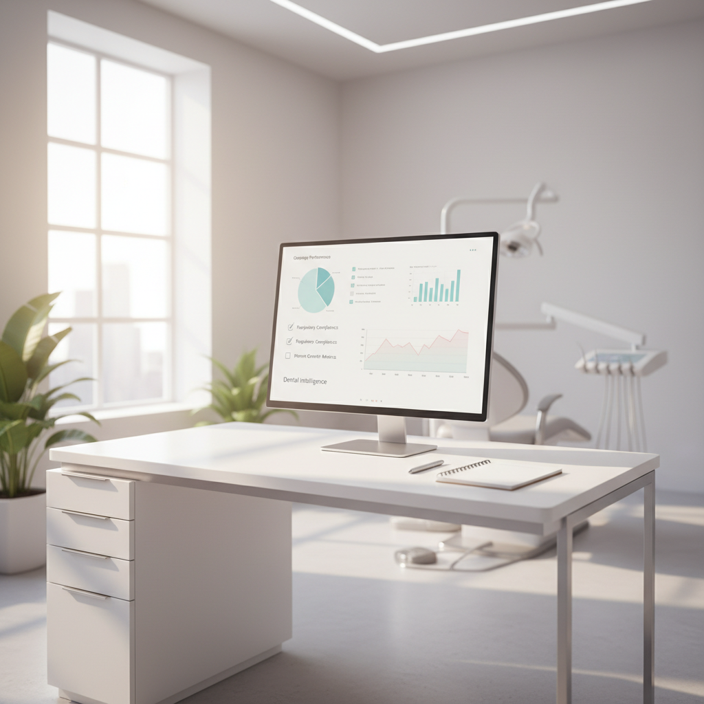Modern dental treatment room with digital dashboard, notepad, and stylus on sleek desk.