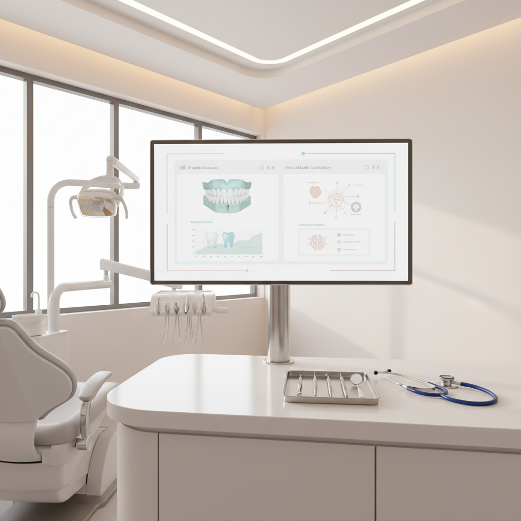 Modern dental treatment room with digital dashboard, dental tools, and medical stethoscope.