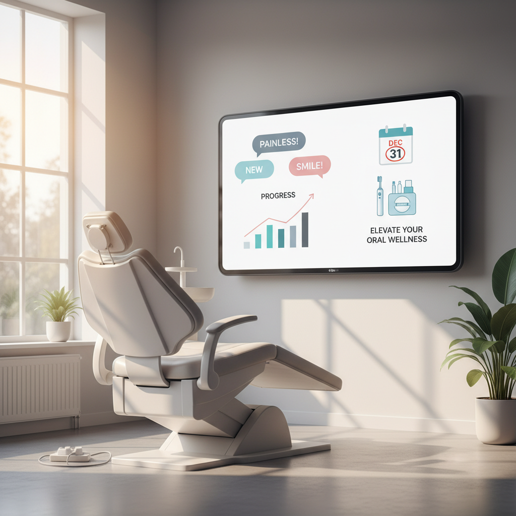 Modern dental treatment room with digital dashboard, calendar, and home care kit in warm lighting.