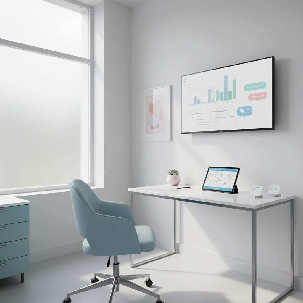 Modern dental treatment room with digital workspace, growth charts, and calm, clinical environment.