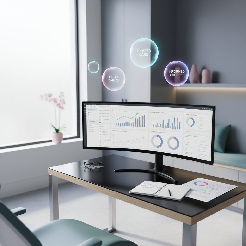 Modern dental workspace with charts, notebooks, printouts, and glowing testimonial bubbles.